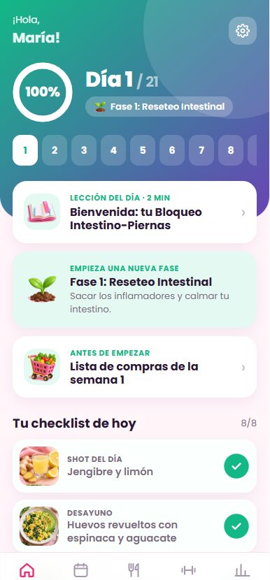 Pantalla de inicio de la app con el checklist del día
